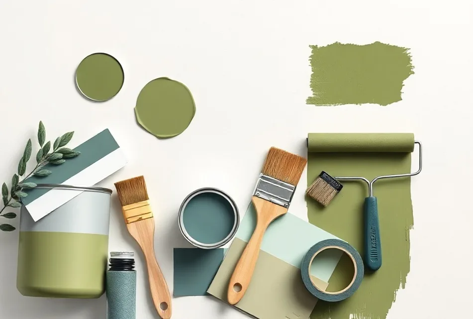Pots de peinture, nuancier, brosses et rouleaux disposés à plat