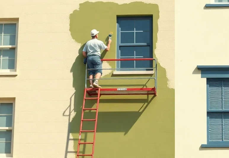 Peintre sur échafaudage traitant la façade d'une maison