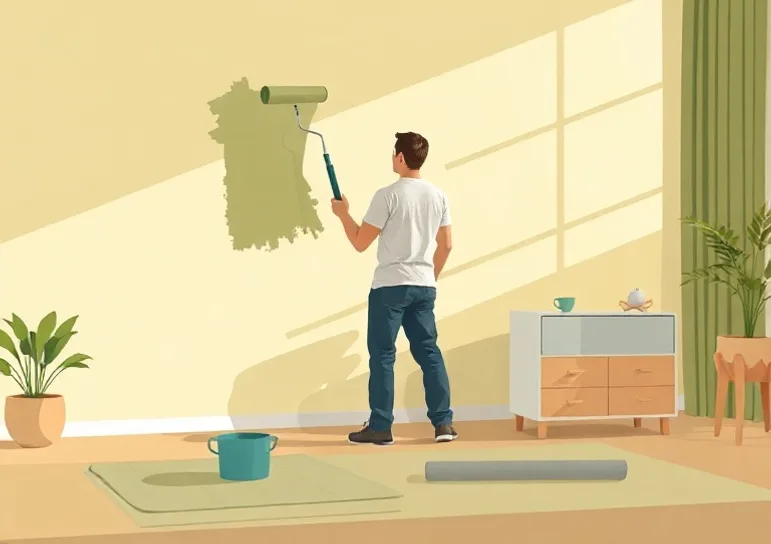 Peintre appliquant la peinture au rouleau sur un mur de salon